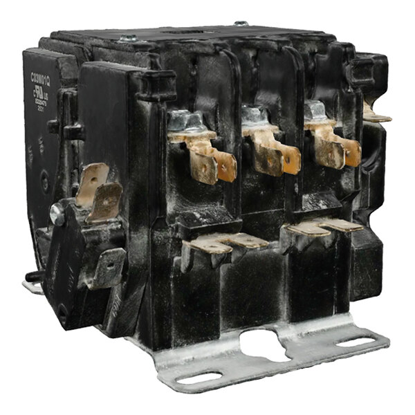A black electrical contactor with multiple metal terminals and a metal mounting base.