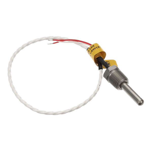 A cylindrical metal sensor with a threaded section and two attached white and red wires.