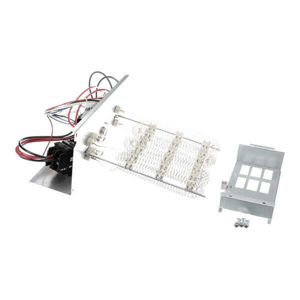 A metal assembly with coiled heating elements, electrical wiring, a breaker, and a mounting bracket, along with screws, displayed on a white background.