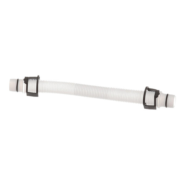 A flexible, ribbed white hose with black fittings on both ends, designed for fluid drainage.