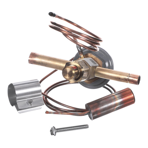 A brass and copper valve assembly with coiled tubing, a metal clamp, and a screw, all placed on a white background.