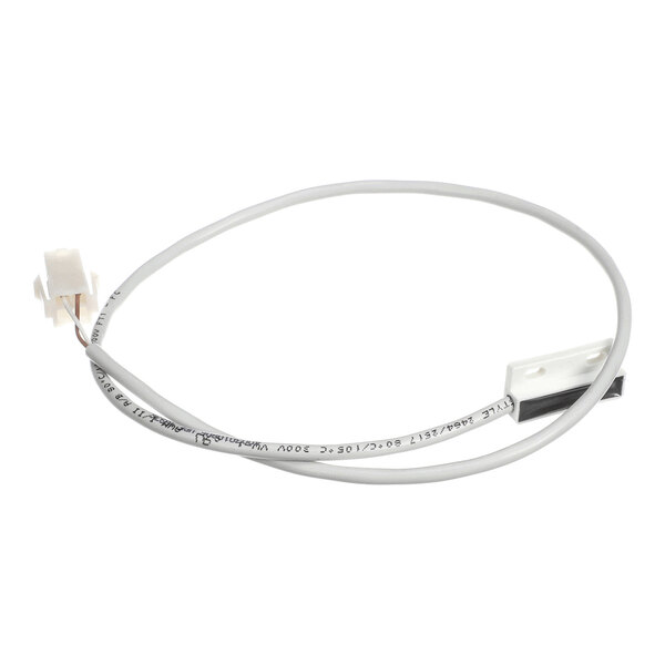A white cable with a connector on one end and a flat, rectangular plastic component with mounting holes on the other end.