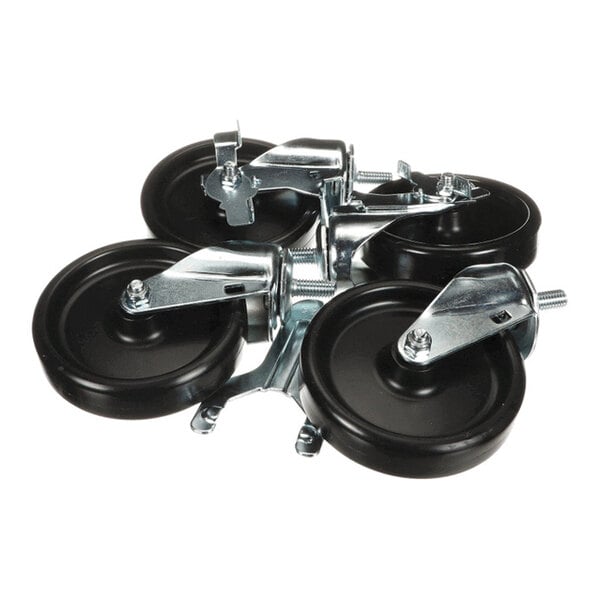 Four black and silver swivel casters with threaded stems are shown grouped together.