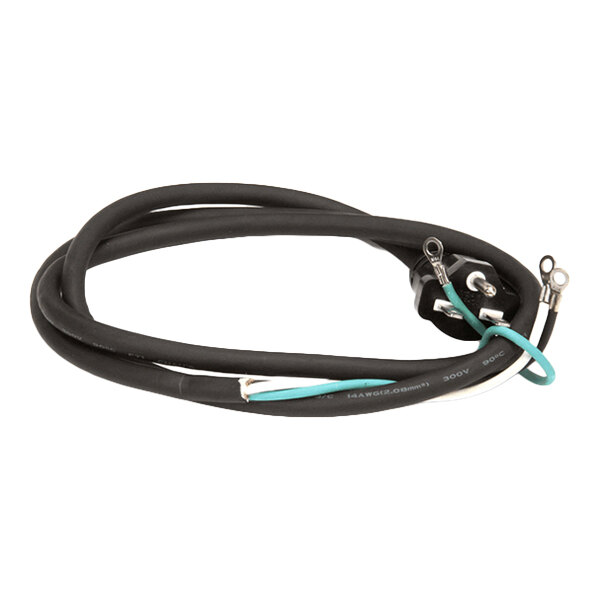 A coiled black electrical cord with a plug on one end and three exposed wires (black, white, and green) with ring terminals on the other end.