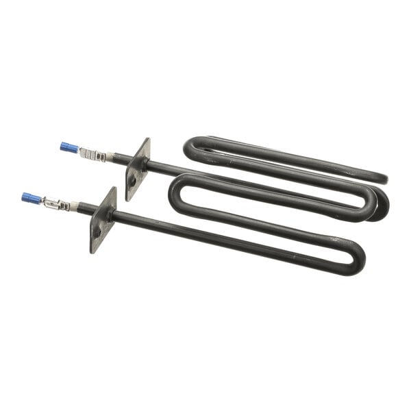 Two black metal heating elements with mounting plates and blue-tipped connectors are shown against a white background.