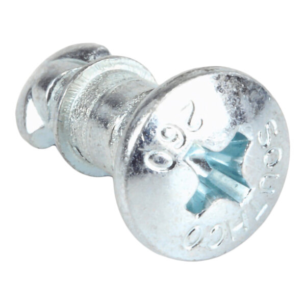A close-up view of a metallic screw or stud with a Phillips head and engraved markings.