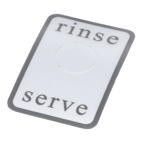 A rectangular label with the words 'rinse' at the top and 'serve' at the bottom, featuring a circular cutout in the center.