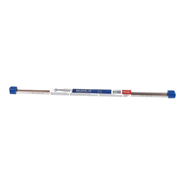 A long, thin metallic rod with blue caps on both ends and a label in the center.
