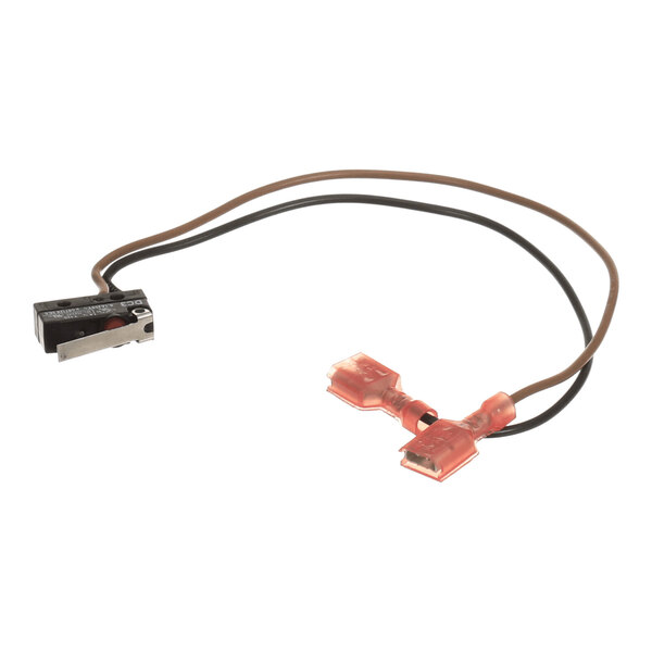 A small electrical component with two wires attached, ending in red insulated connectors and a metal switch mechanism.