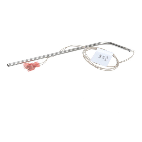 A metal rod-shaped probe with an attached wire and a red connector, partially coiled on a white background.