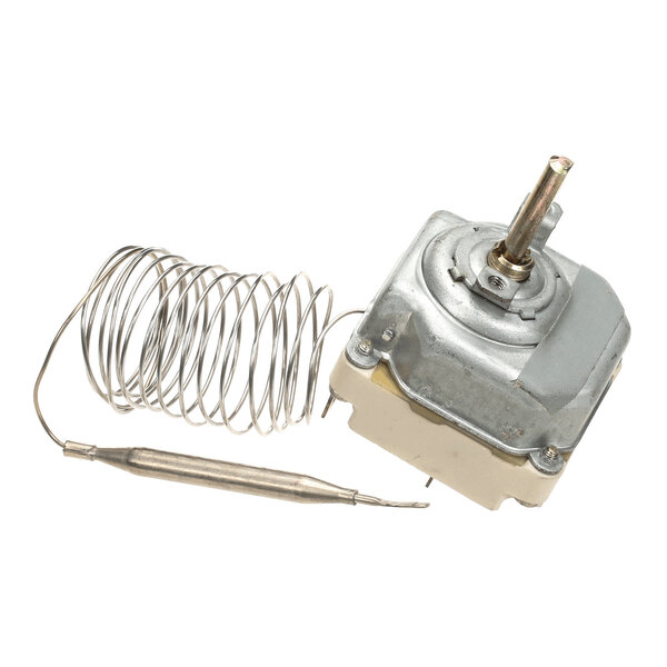 A metallic device with a coiled wire and a probe, likely used for temperature sensing or control.