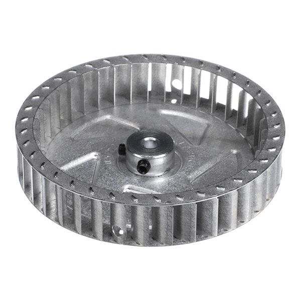 A round metallic wheel with evenly spaced vertical blades and a central hub, likely used in mechanical or HVAC applications.