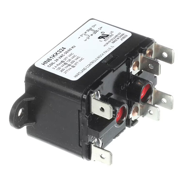 A black electrical relay with multiple metal terminals and a white label displaying technical specifications.
