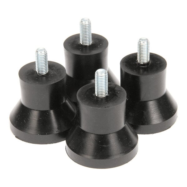 Four black, cylindrical feet with threaded metal studs on top, arranged closely together.