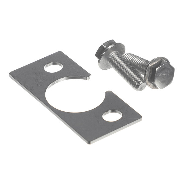 A metal spacer plate with two holes and a semicircular cutout, accompanied by two hex-head bolts.