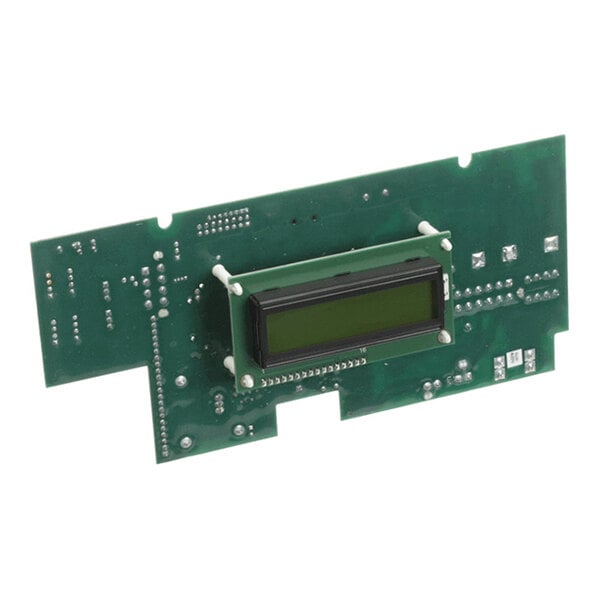 A green printed circuit board with an attached rectangular digital display module.