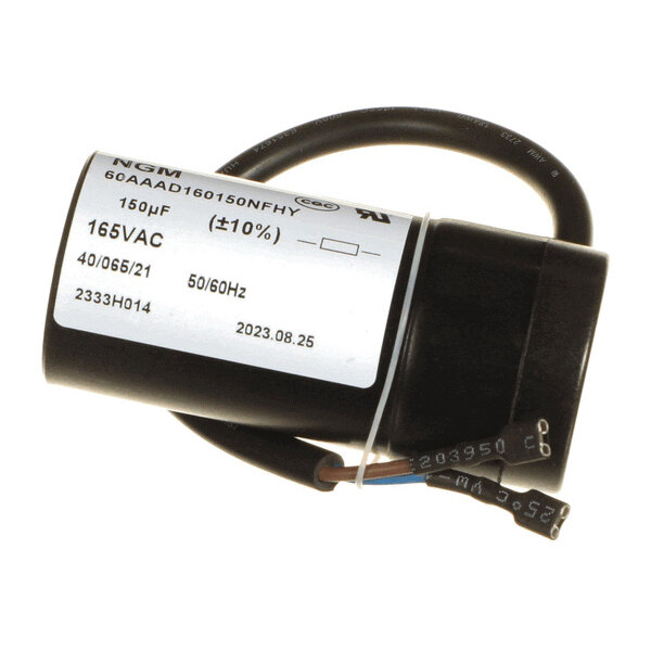 A cylindrical black electrical component with a white label displaying technical specifications and attached wires.
