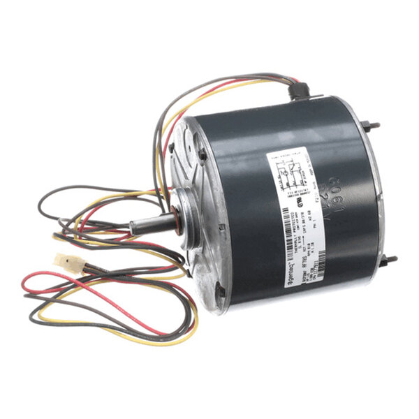 A cylindrical electric motor with a central shaft and several colored wires extending from one end, featuring a label with technical information on its side.