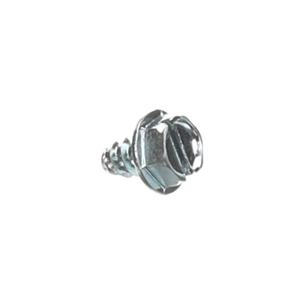 A single metal screw with a hex washer head and a slotted drive, shown against a white background.