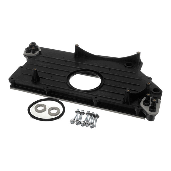 A black rectangular component with a central circular opening, accompanied by two washers, a gasket, and five screws, all arranged on a white background.