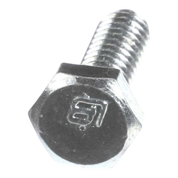 A close-up view of a metallic hex bolt with threading and a marking on the head.