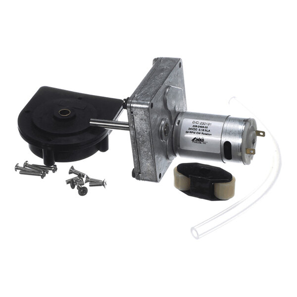 A small electric motor assembly with a metal housing, attached shaft, black plastic components, screws, a rubber or plastic tube, and a clamp-like part, all laid out on a white background.