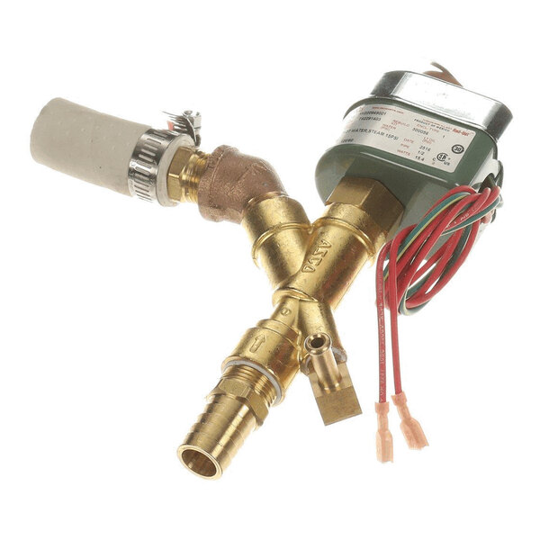 A brass solenoid valve assembly with attached wires, hose, and fittings.