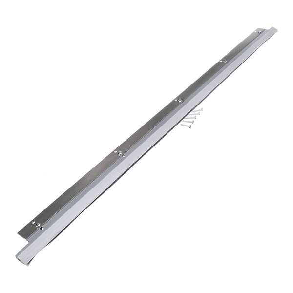 A long, narrow metallic strip with a white edge and several screws placed beside it, likely intended for installation.