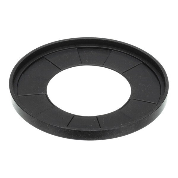 A black, circular rubber-like gasket with a large central hole and segmented sections radiating from the center.