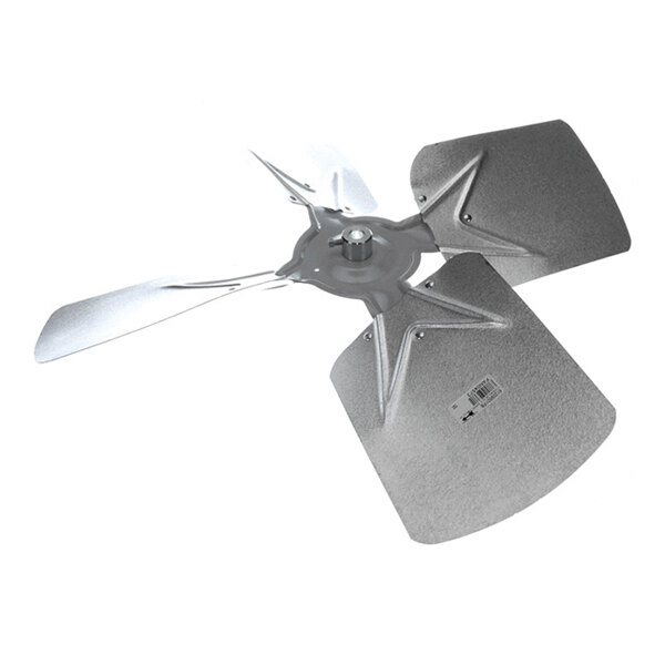 A four-blade metallic fan with two rectangular and two tapered blades, featuring a central mounting hub.