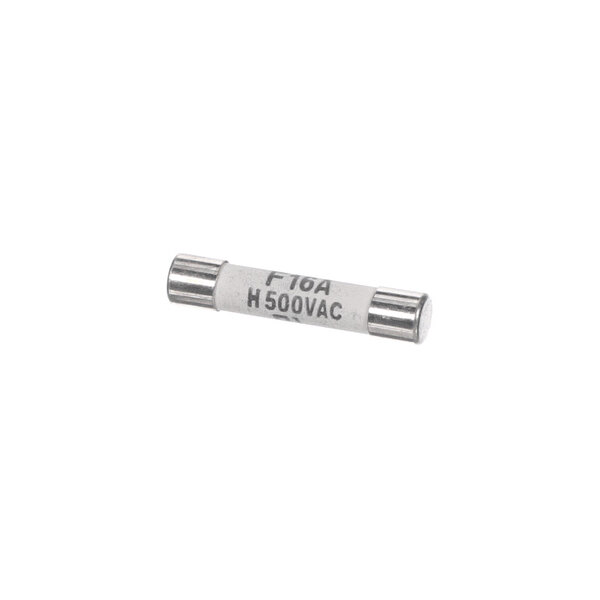 A cylindrical fuse with metal caps on both ends and printed text indicating 'F 16A H 500VAC' on its body.