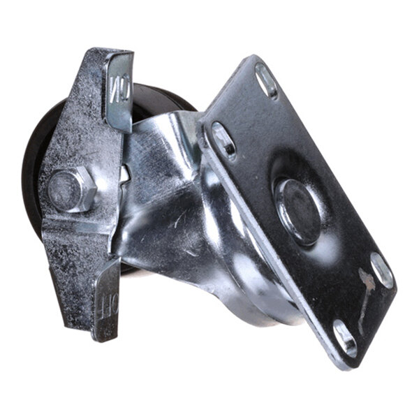 A metal caster with a flat mounting plate and a brake mechanism.