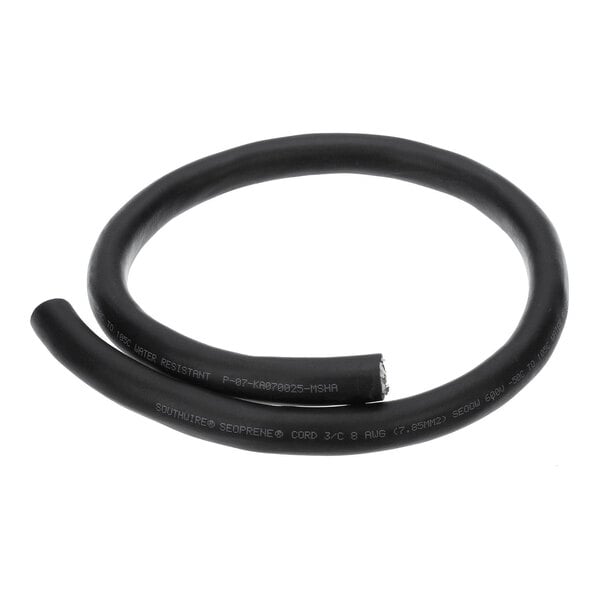 A coiled black electrical cord with printed specifications along its length.