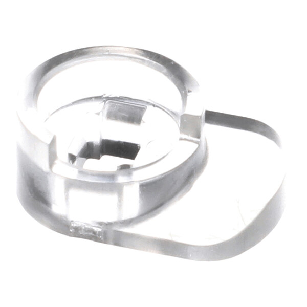 A transparent, irregularly shaped plastic component with a circular raised section and a flat base.