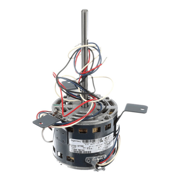 A cylindrical electric motor with a central shaft, multiple colored wires, and two mounting brackets.