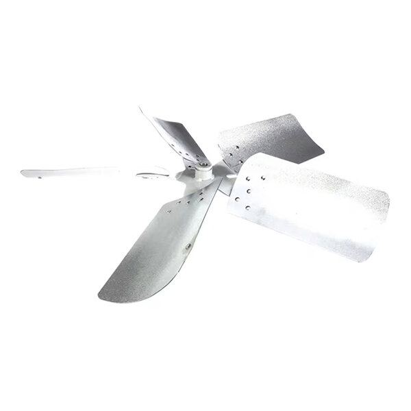A five-blade metallic propeller fan with a central hub and slightly curved blades.