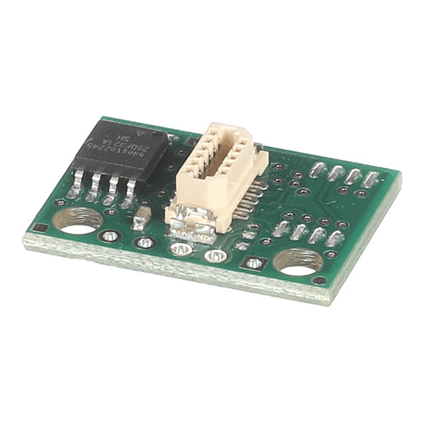 A small green printed circuit board with an integrated circuit chip and a beige connector mounted on it.