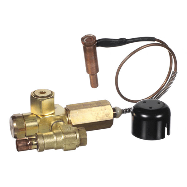 A brass valve assembly with a copper sensor bulb attached by a coiled tube and a black plastic cap.