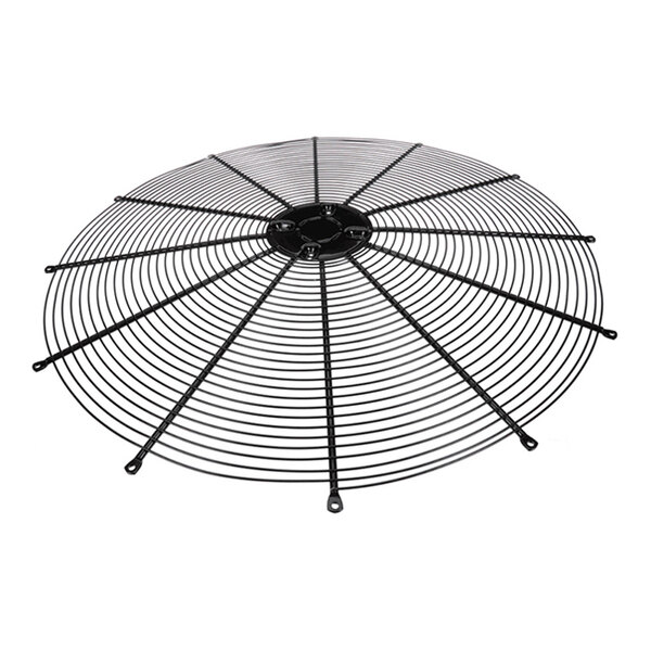 A round, black metal wire grille with a central mounting hub and radiating support spokes.