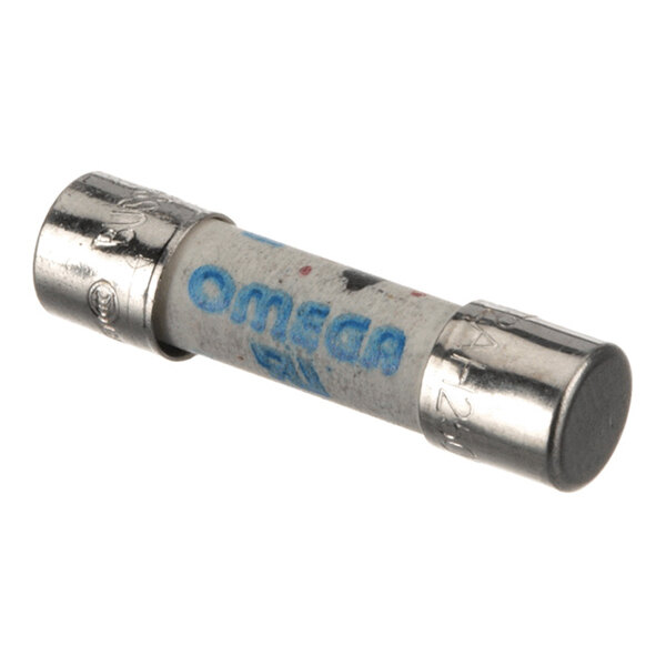 A cylindrical fuse with metal end caps and a white body featuring blue text.