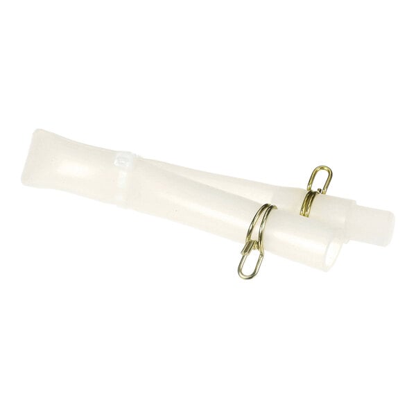 A translucent, flexible hose with two metal clips attached.