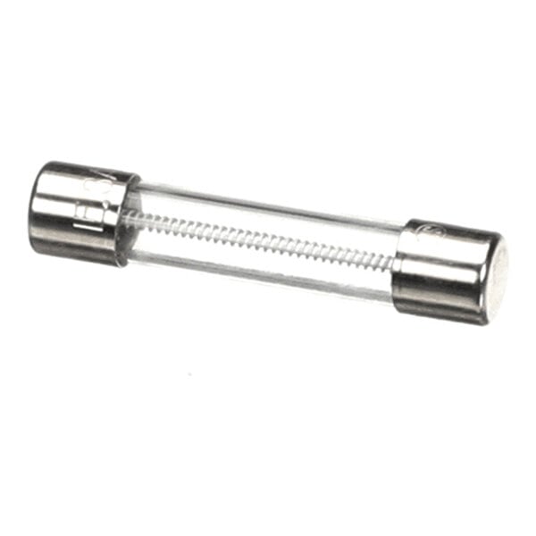 A cylindrical glass fuse with metal caps on both ends and a visible coiled wire inside.