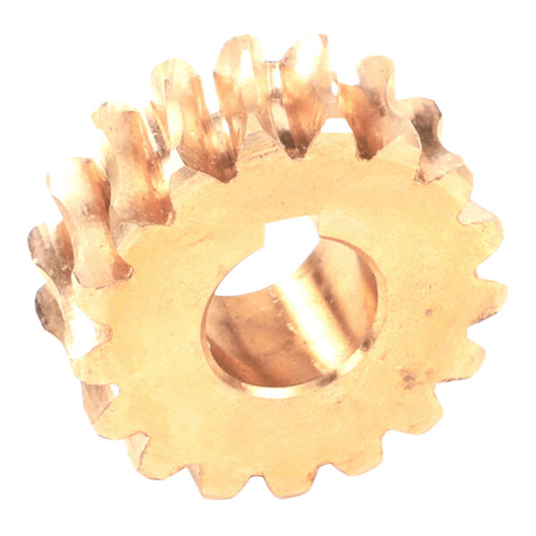 A brass-colored gear with angled teeth and a central hole, shown against a white background.