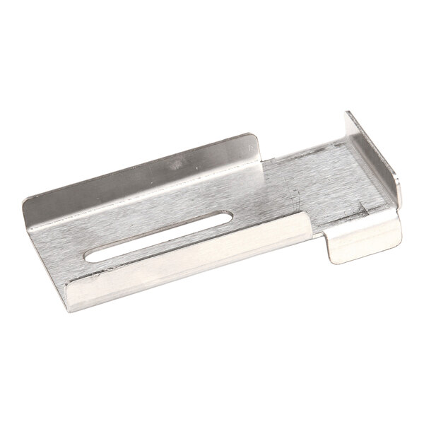 A metal bracket with a slotted opening and bent edges, likely used for mounting or securing components.