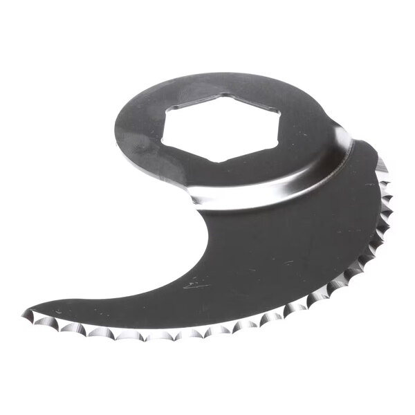 A crescent-shaped metal blade with a serrated edge and a central hexagonal opening.