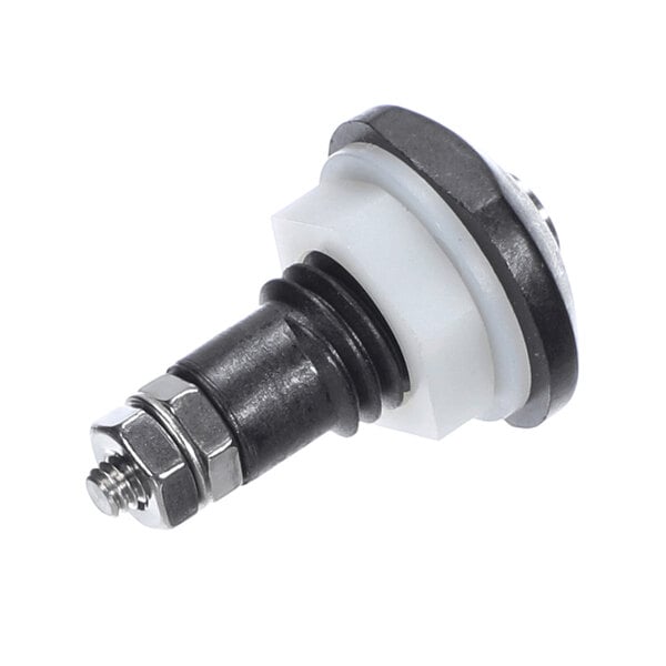 A metal and plastic button probe assembly with a threaded end, hex nut, and circular flange.