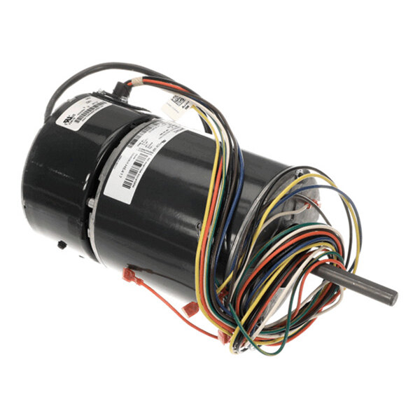 A cylindrical black electric motor with a protruding shaft and multiple colored wires wrapped around it.