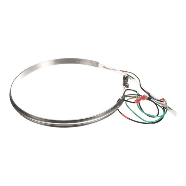 A metallic circular band with attached electrical wires and connectors, likely a heating element or band heater.