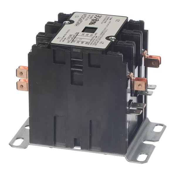 A black electrical contactor with copper terminals and a metal mounting base, featuring a labeled specification plate on top.