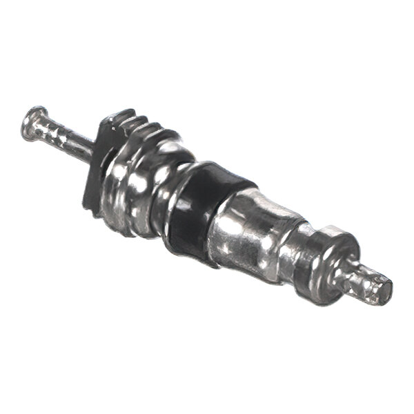 A close-up view of a metallic valve core with a black rubber ring and grooved sections.